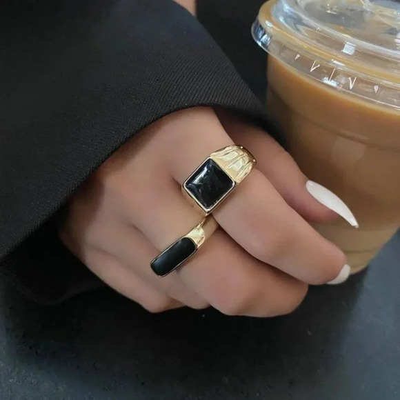 925 Sterling Silver Black Bar Ring Black Square Ring Gold Thick Ring Band - Picture 4 of 6